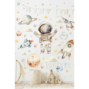 Pastel Renklerde Astronot Uzay Set Gezegen Çocuk Odası Duvar Sticker Seti