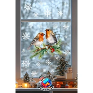 Sticker Ekspres Çift Taraflı Baskılı Kış Kuşları ve Kar Taneleri Yeni Yıl Yılbaşı Cam Sticker Seti Yılbaşı Süsü
