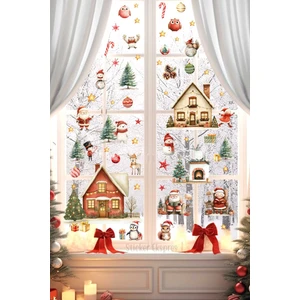 Noel Baba ve Arkadaşları Yeni Yıl Yılbaşı Süsü Cam Kapı Duvar Sticker Seti