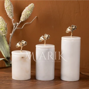 Miarik Design Dekoratif Beyaz Mermer Gold Renk Gonk Aksesuarli 3 Lü Baharatlık Şekerlik Kavanoz Seti