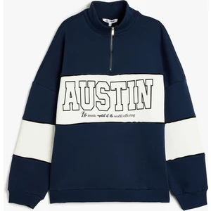 Yarım Fermuarlı Slogan Baskılı Oversize Şardonlu Sweatshirt