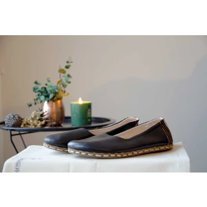 Yadigar -  Siyah / Kutnu Kumaşlı, El Yapımı,  Deri Barefoot Ayakkabı - Yemeni