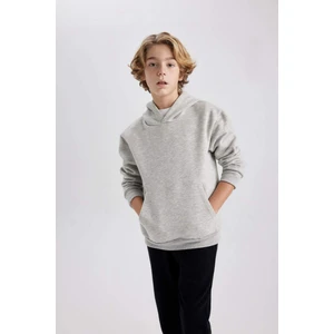 Erkek Çocuk Gri Regular Fit Düz Kesim Basic Düz Kapüşonlu Sweatshirt B7773A8NS