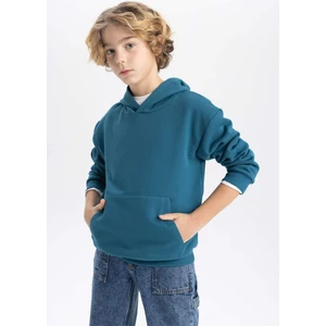 Erkek Çocuk Mavi Regular Fit Düz Kesim Basic Düz Kapüşonlu Sweatshirt B7773A8NS
