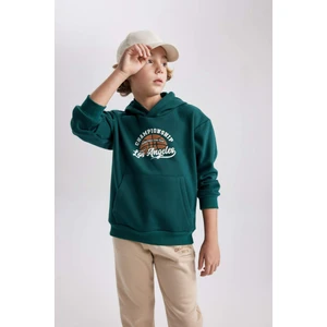 Erkek Çocuk Yeşil Regular Fit Düz Kesim Basic Düz Kapüşonlu Sweatshirt B7821A8NS