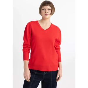 Kadın Kırmızı Regular Fit Düz Kesim V Yaka Düz Basic Akrilik Triko Kazak B7865AXNS