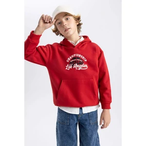 Erkek Çocuk Bordo Regular Fit Düz Kesim Basic Düz Kapüşonlu Sweatshirt B7821A8NS
