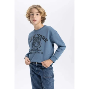 Erkek Çocuk Mavi Regular Fit Düz Kesim Basic Düz Kapüşonlu Sweatshirt B7822A8NS