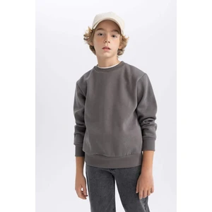 Erkek Çocuk Gri Regular Fit Düz Kesim Basic Düz Kapüşonlu Sweatshirt B7772A8NS