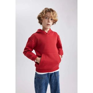 Erkek Çocuk Bordo Regular Fit Düz Kesim Basic Düz Kapüşonlu Sweatshirt B7773A8NS