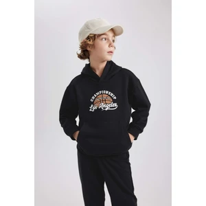 Erkek Çocuk Siyah Regular Fit Düz Kesim Basic Düz Kapüşonlu Sweatshirt B7821A8NS