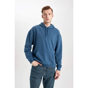 Erkek Gri Oversize Fit Geniş Kesim Basic Düz Pamuklu Kapüşonlu Sweatshirt B7849AXNS