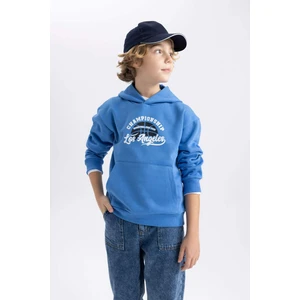 Erkek Çocuk Mavi Regular Fit Düz Kesim Basic Düz Kapüşonlu Sweatshirt B7821A8NS