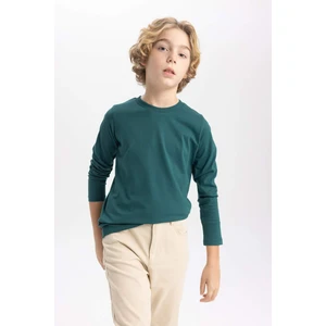 Erkek Çocuk Yeşil Standart Fit Normal Kesim Bisiklet Yaka Basic Düz %100 Pamuk Uzun Kollu Tshirt B7771A8NS