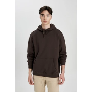 Erkek Kahverengi Oversize Fit Geniş Kesim Basic Düz Pamuklu Kapüşonlu Sweatshirt B7849AXNS
