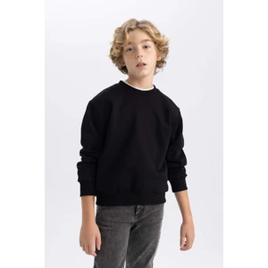 Erkek Çocuk Siyah Regular Fit Düz Kesim Basic Düz Kapüşonlu Sweatshirt B7772A8NS