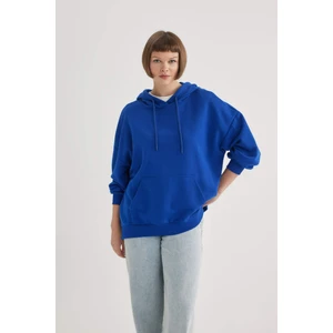 Kadın Mavi Oversize Fit Geniş Kesim Polo Yaka Düz Basic Pamuklu Sweatshirt B7834AXNS