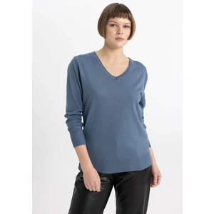 Kadın Mor Regular Fit Düz Kesim V Yaka Düz Basic Akrilik Triko Kazak B7865AXNS