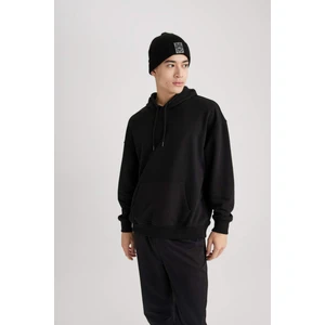Erkek Siyah Oversize Fit Geniş Kesim Basic Düz Pamuklu Kapüşonlu Sweatshirt B7849AXNS