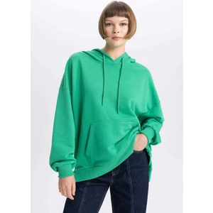 Kadın Yeşil Oversize Fit Geniş Kesim Polo Yaka Düz Basic Pamuklu Sweatshirt B7834AXNS
