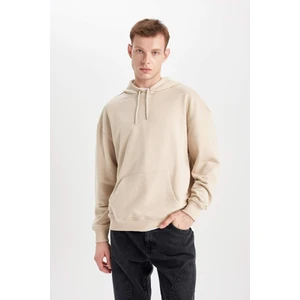 Erkek Bej Oversize Fit Geniş Kesim Basic Düz Pamuklu Kapüşonlu Sweatshirt B7849AXNS