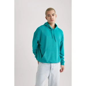 Erkek Yeşil Oversize Fit Geniş Kesim Basic Düz Pamuklu Kapüşonlu Sweatshirt B7849AXNS