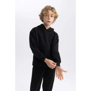 Erkek Çocuk Siyah Regular Fit Düz Kesim Basic Düz Kapüşonlu Sweatshirt B7773A8NS