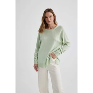 Kadın Yeşil Relax Fit Rahat Kesim Bisiklet Yaka Düz Basic Akrilik Triko Kazak B7866AXNS