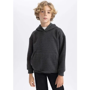 Erkek Çocuk Antrasit Regular Fit Düz Kesim Basic Düz Kapüşonlu Sweatshirt B7773A8NS