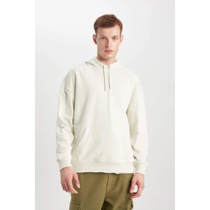 Erkek Gri Oversize Fit Geniş Kesim Basic Düz Pamuklu Kapüşonlu Sweatshirt B7849AXNS
