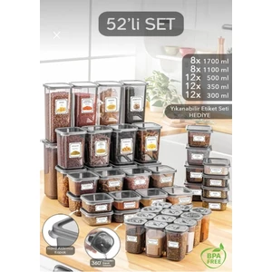 52 Parça Mega Seti Kare Erzak ve Bakliyat Saklama Kabı Baharatlık 12X(300ML 500ML) 8X(1100ML 1700ML)