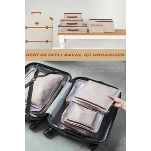 Deri Detaylı Kahverengi 6'lı Set Bavul Içi Düzenleyici Organizer Valiz Düzenleyici Bebek Doğum Hurç