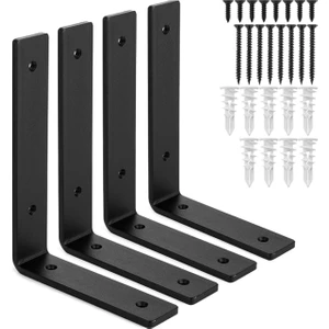 4'lü Set Siyah Metal Duvar Rafı Destek Ayakları, Güçlü Raf Tutucu Ters L Demiri ve Vida Seti (25 Cm)