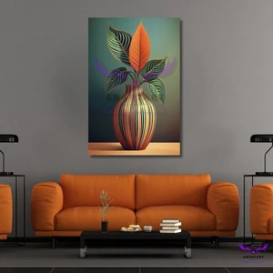 Tekli Dikey Kanvas Modern Salon Tablosu Vazoda Minimal Yapraklar
