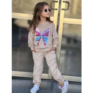 Kelebek Pul Nakışlı Kadife Alt-Üst Kız Çocuk Eşofman Takımı Sweatshirt