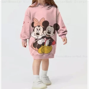 Kids Face Özel Tasarım Kapüşonlu Minnie-Mickey Baskılı Şardonlu Kışlık Kız Çocuk Spor Hoodie Elbise