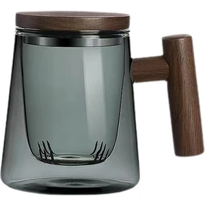 Morponi Borosilikat Cam Ahşap Saplı Ve Ahşap Kapaklı Cam Süzgeçli Kupa 440 ml