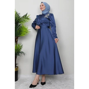 Omzu Taşlı Saten Abiye Koyu Indigo