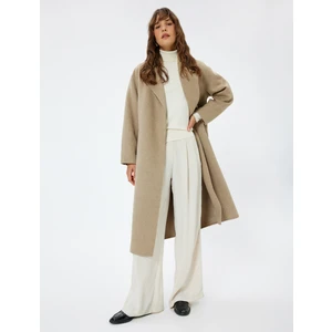 Uzun Kaşe Kaban Yün Karışımlı Kemerli Cepli