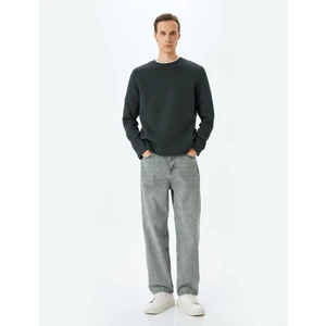Uzun Kollu Pamuk Karışımlı Dokulu Basic Bisiklet Yaka Sweatshirt