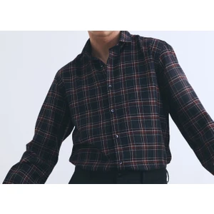 W Collection Bordo Lacivert Ekose Desenli Gömlek