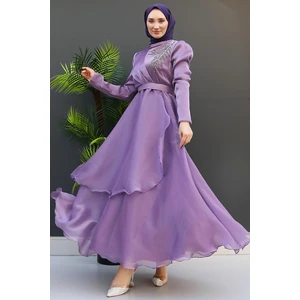 Taşlı Organze Abiye Açık Lila