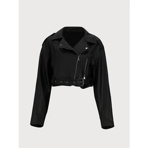 Kadın  Soluk Efektli Küba Yaka Fermuarlı Siyah Ceket