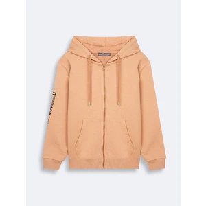 Kolu Baskılı Kapüşonlu Fermuarlı Camel Sweatshırt