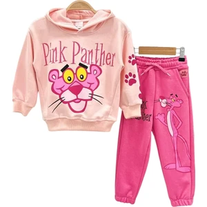Lolli Boom Kids Kız Çocuk Pembe Panter Basklılı Kapişonlu Sweatshirt Baskılı Pembe Renk Bel Ayarlı Eşofman Alt Üst Takım