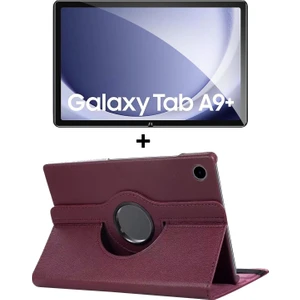 Samsung Galaxy Tab A9 Plus 11' 2023 360° Dönebilen Standlı Suni Deri Kılıf + Nano Cam Ekran Koruyucu