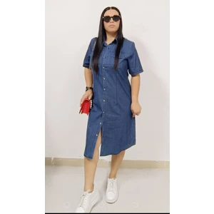 Akşen Giyim Büyük Beden Ince Kot Denim Kumaş Boydan Düğmeli Iki Cepli Kısa Kol Jeans Elbise