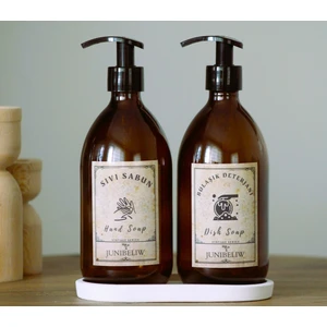 JUNİBELİW 2li Vintage Serisi Amber Cam Şişe 2X500ML Bulaşık Deterjanlık Sıvı Sabunluk+Beyaz Altlık
