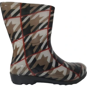 Kadın Bej-Kırmızı Çizgili 23 cm Kısa Bahçe Yağmur Çizmesi