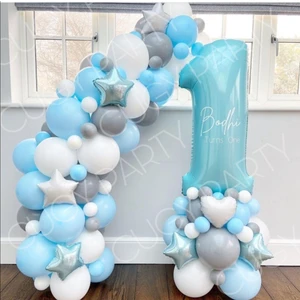 Retro Mavi Gri Beyaz Doğum Günü Süsü 1 Yaş Rakamlı Yaş Seçenekli  Yıldız Detaylı Balon Seti